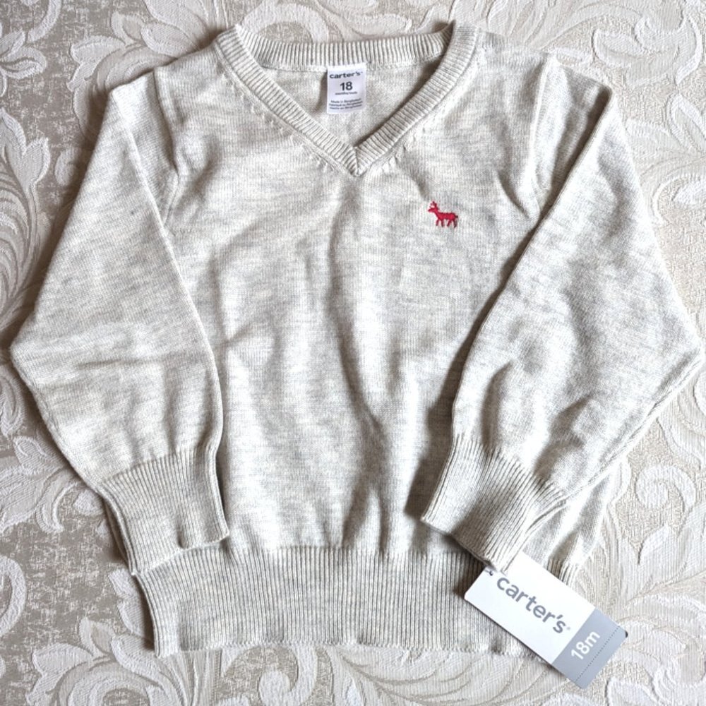 NWT Carter's Boys Knit Baby Reindeer Sweater V-Neck Pullover Card… - Picture 3 of 6